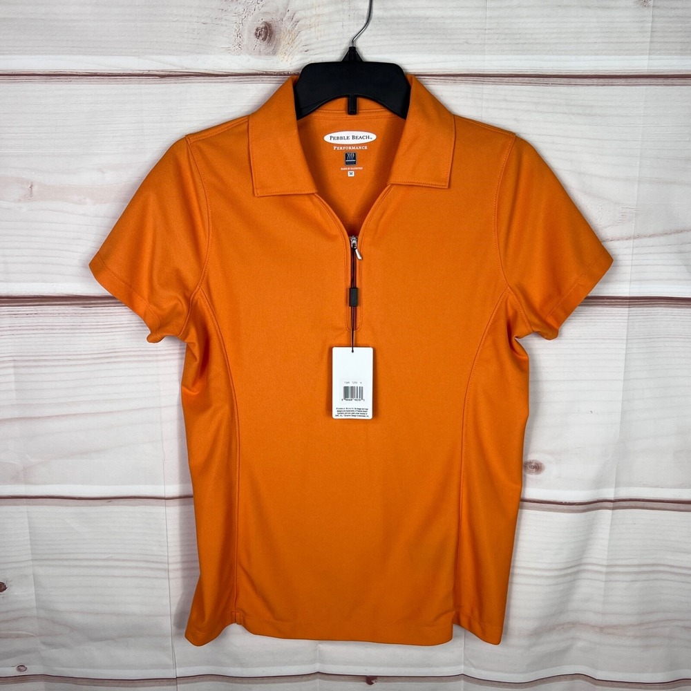 Pebble Beach Top Women M Orange Golf Polo Shirt 1/4 Zip Performance Short Sleeve
